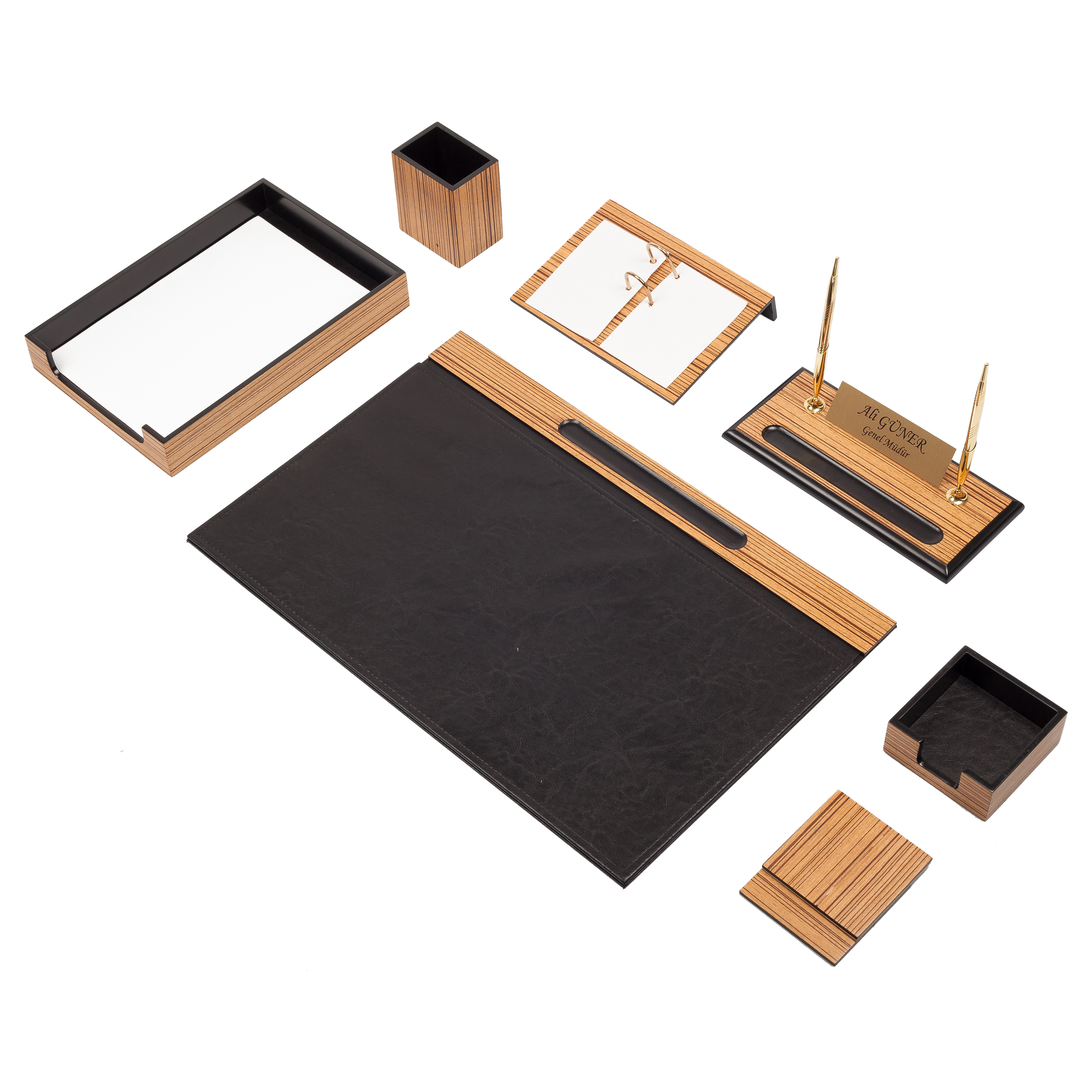 Zebrano Wooden Desk Set 10 Accessories Black