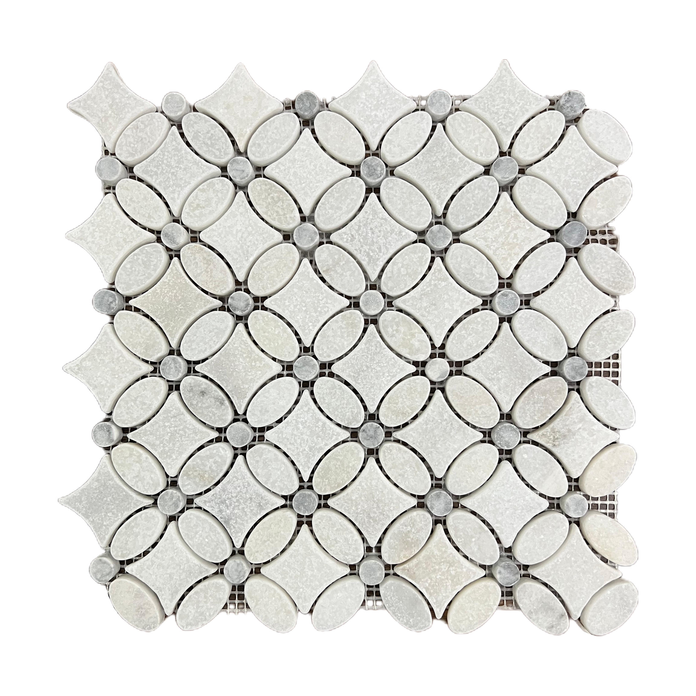 Flower Silver and Mugla White Tumbled Marble Mosaic Tile 105800171