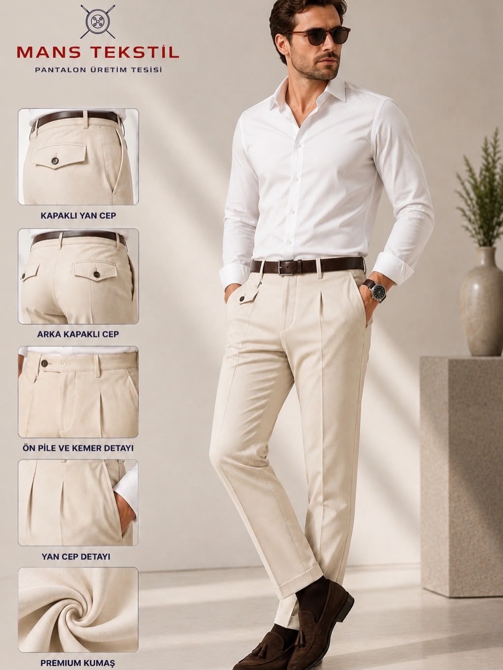 Beige Trousers Shirt Vest Jacket Coat