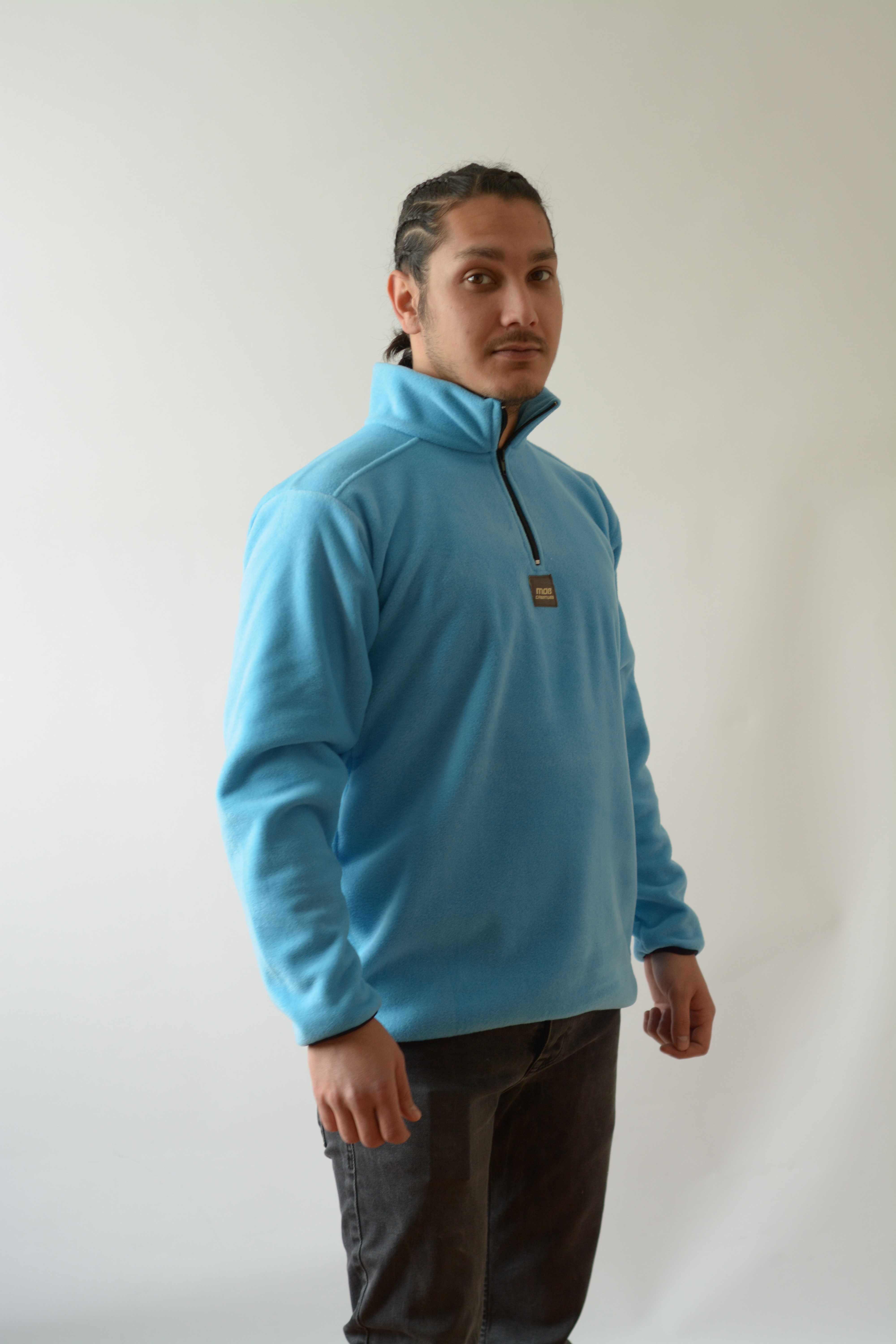 High Collar Yoke Blue Fleece Sweatshirt