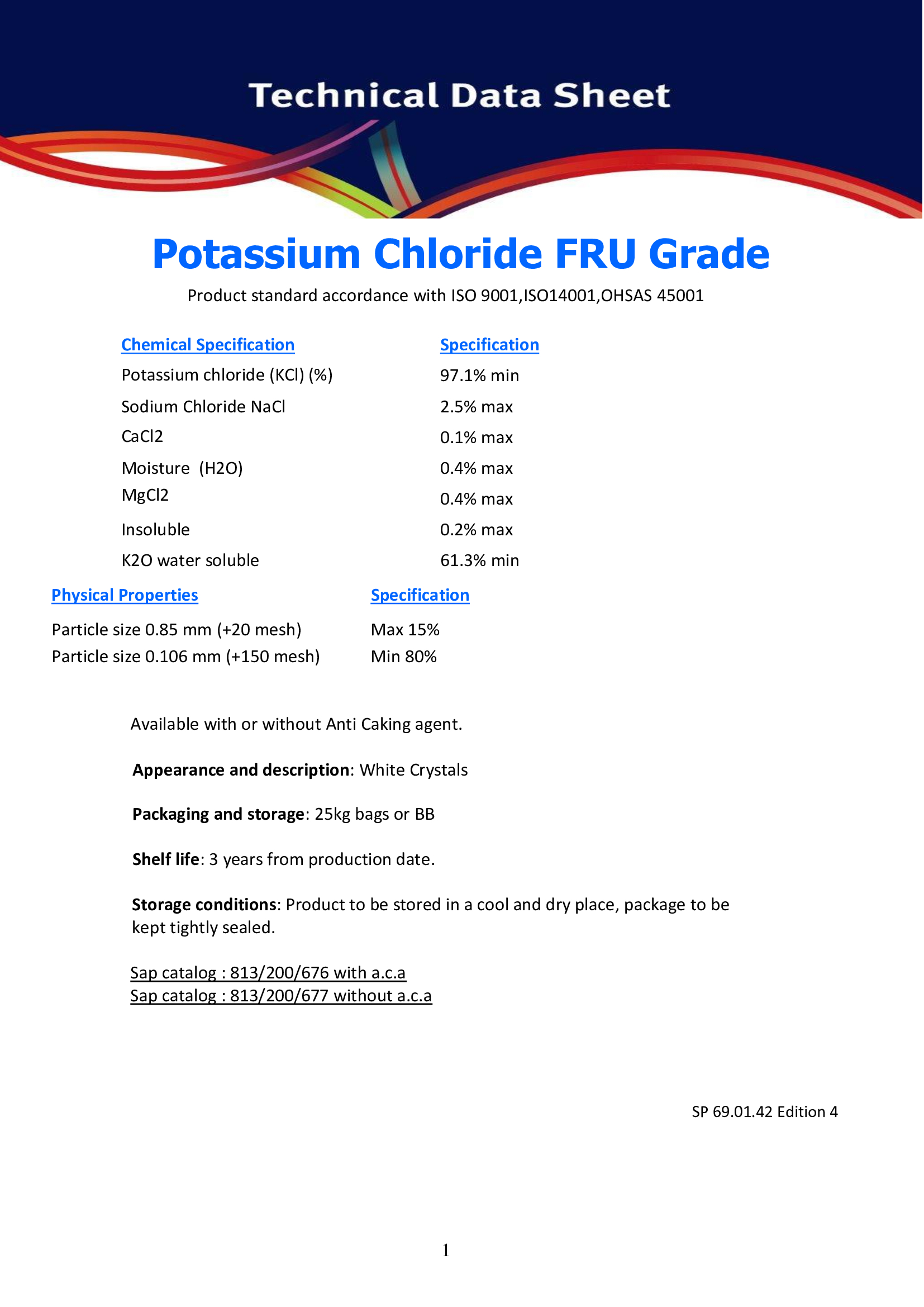 KCL potash (Potassium Chloride FRU Grade)