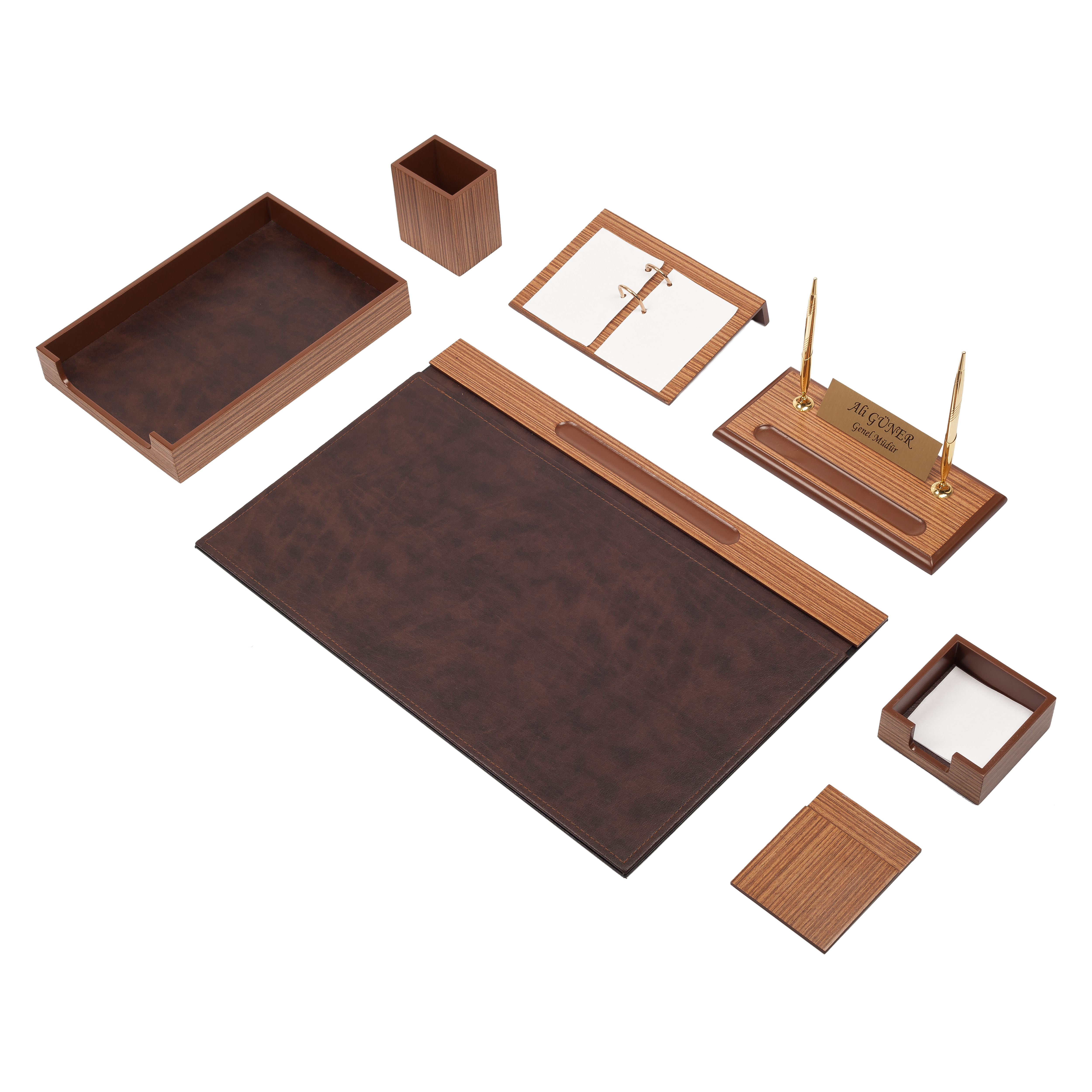 Flash Wooden Desk Set 10 Accessories Brown Walnut