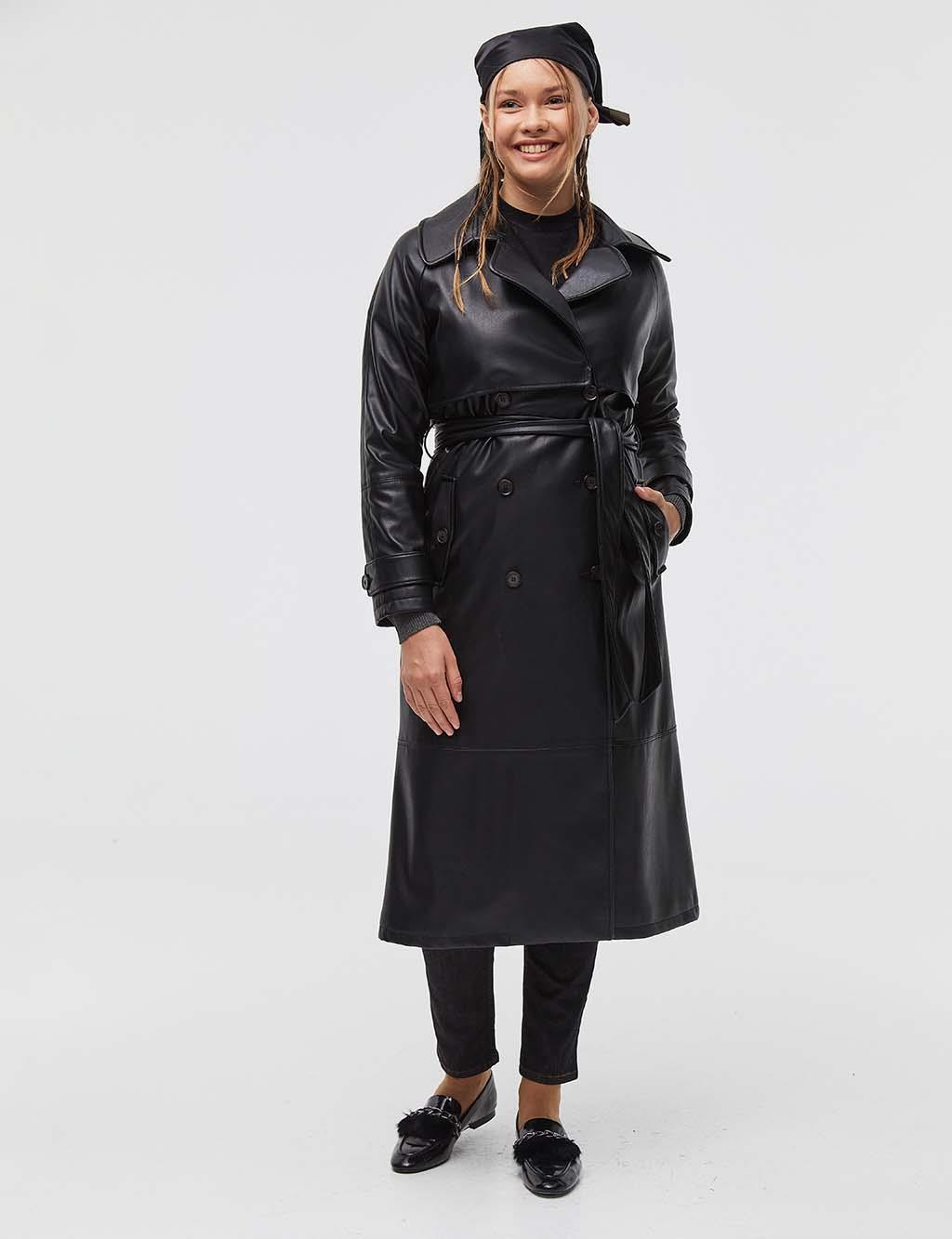 Belted Double Breasted Leather Trench Coat - Black