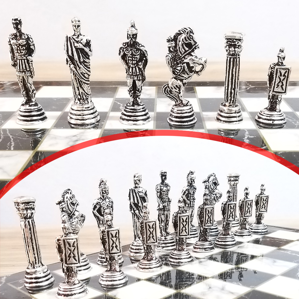 Metal Chess Set Soldier Collectibles Figured Ancient Suit Gray And Bronze Stones 27x27 CM Wood Table