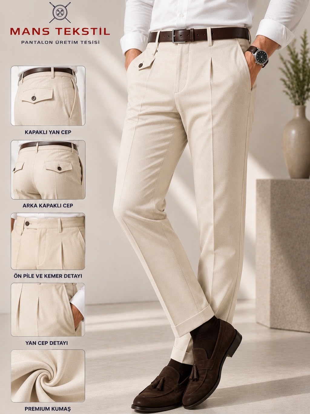 Beige Trousers Shirt Vest Jacket Coat