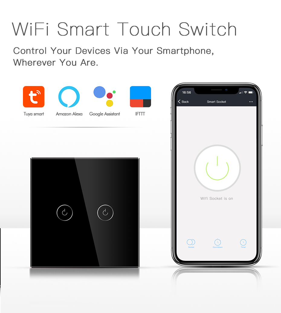 Glass Panel Tuya Smart life wifi touch switch 2 Gang