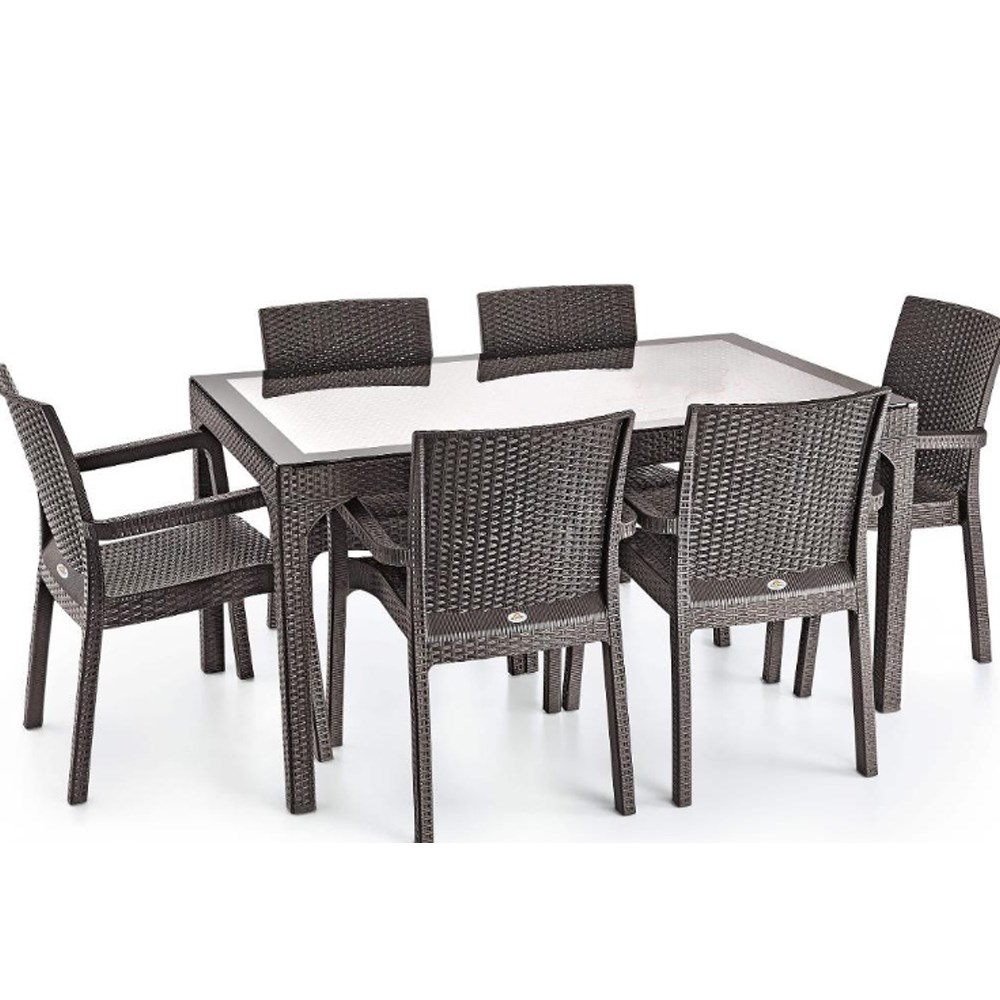 Rattan Plastic Seating Group (90X150 Glass Table + 6 Rattan Armchair) Rattan Coffee Table