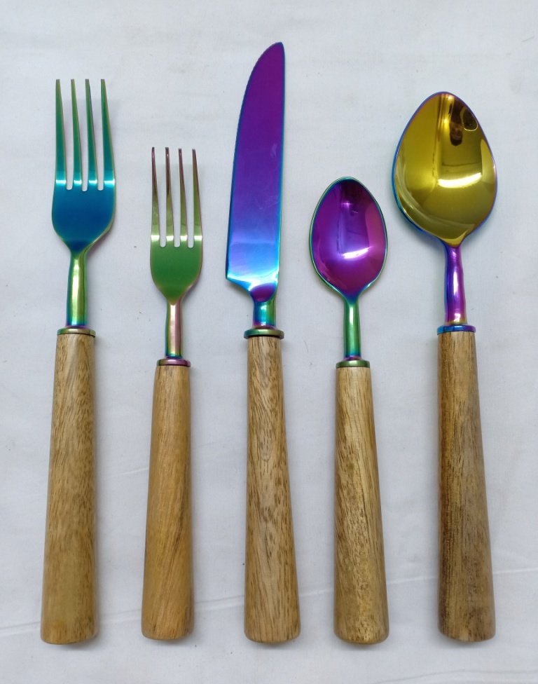 Stainless Steel Rainbow Finish wooden handle set of 5 flatware set