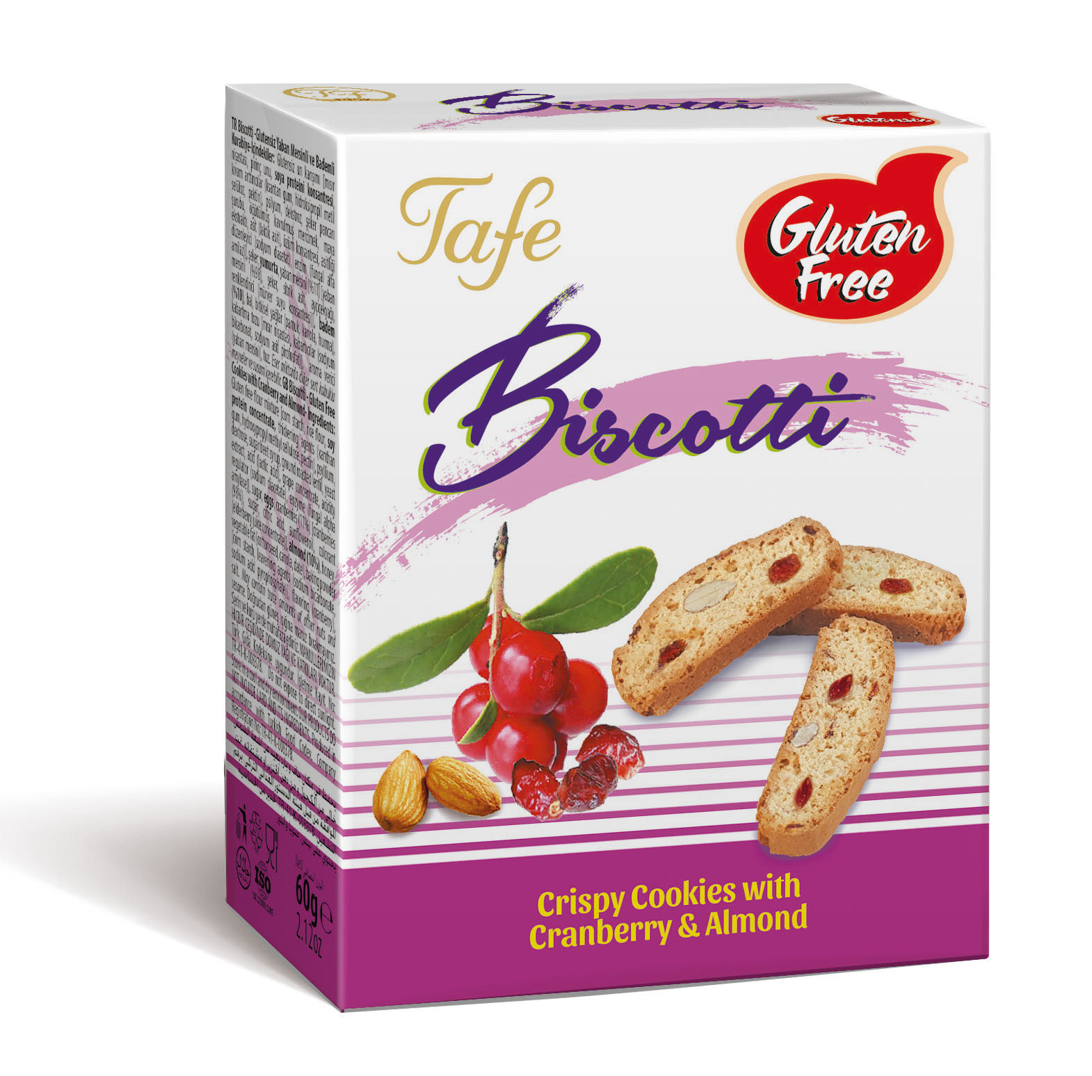 Хрустящие печенья Tafe Biscotti с клюквой и миндалем - без глютена 60 г - код 372