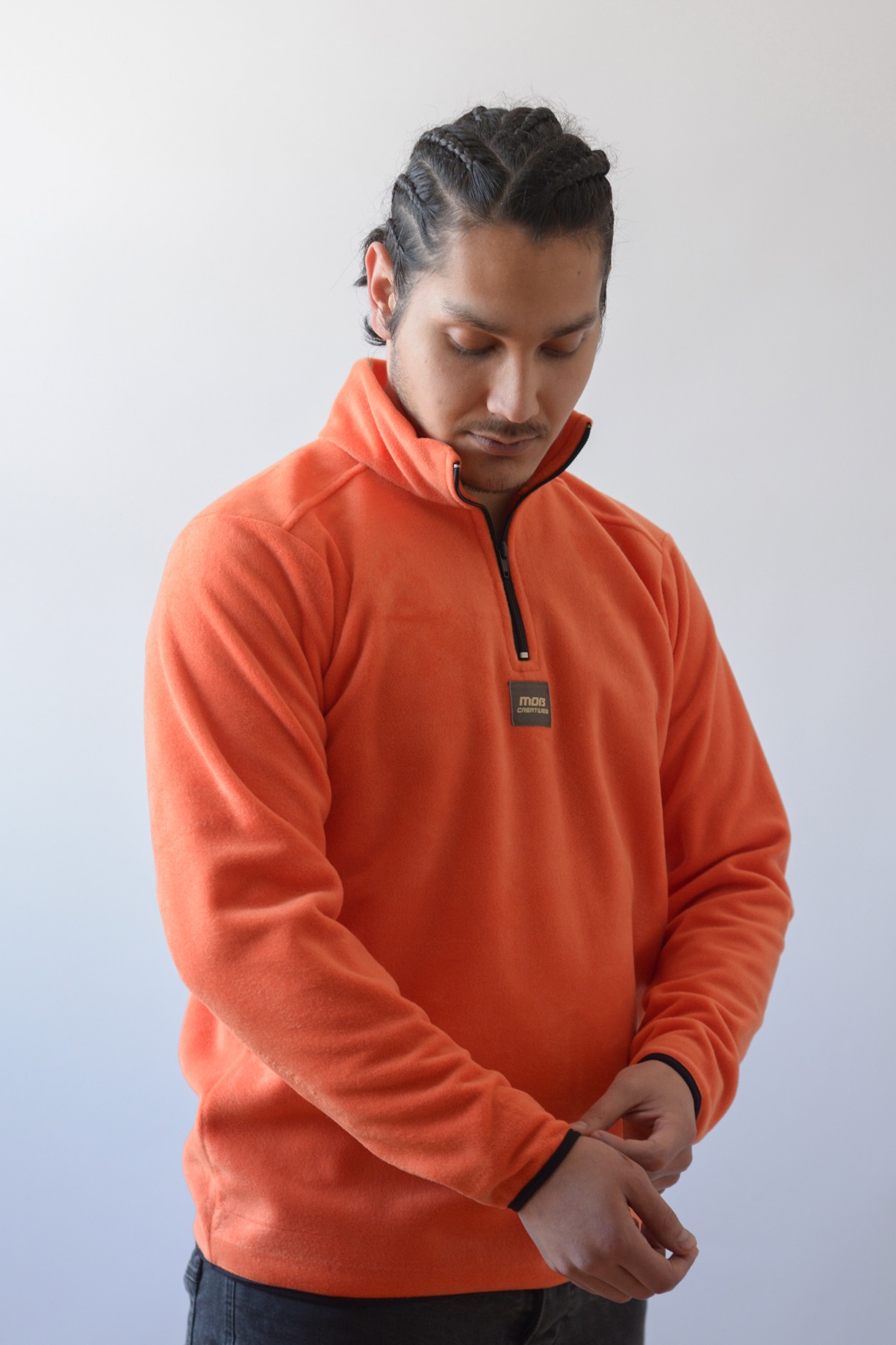 High Collar Yoke Orange Fleece Sweatshirt