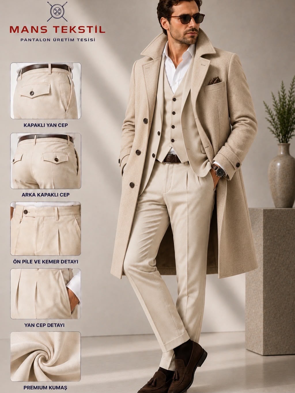 Beige Trousers Shirt Vest Jacket Coat