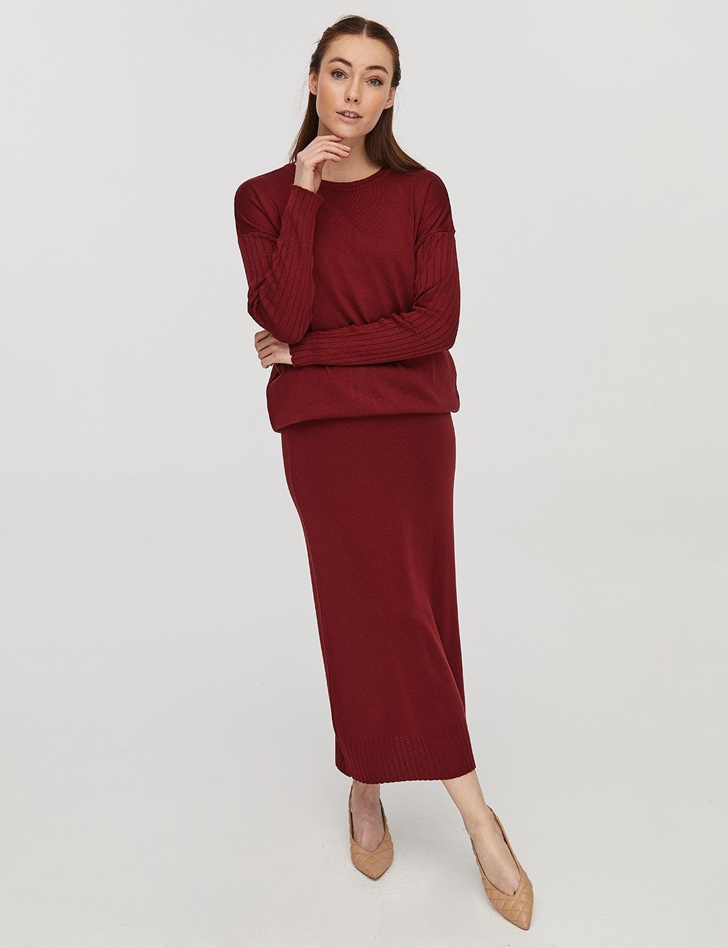 Elastic Knitwear Skirt Claret - Red