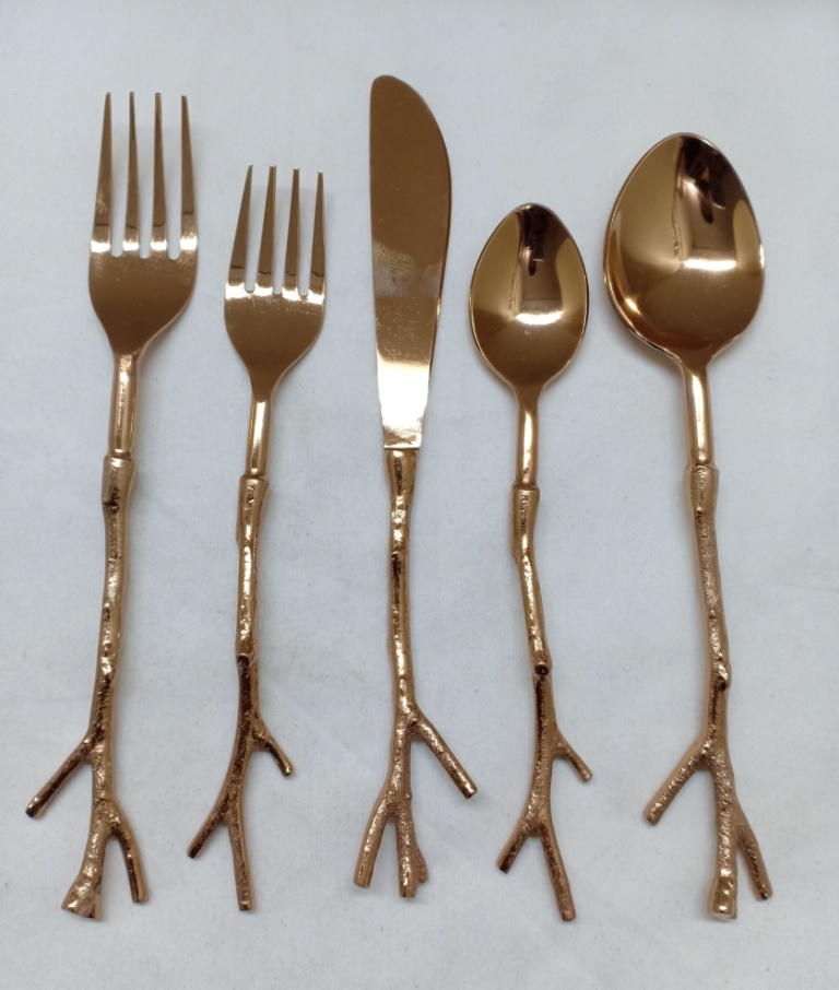 Stainless Steel with Rose Gold Finish Branch Handle set of 5 Flatware set