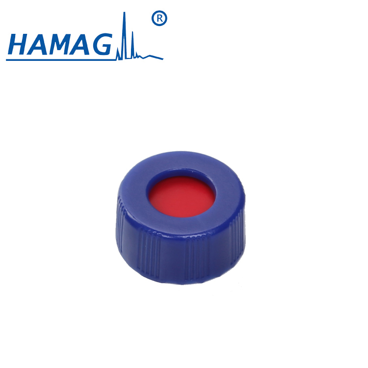 9mm Blue open-topped polypropylene cap and white PTFE/red Silicone septa