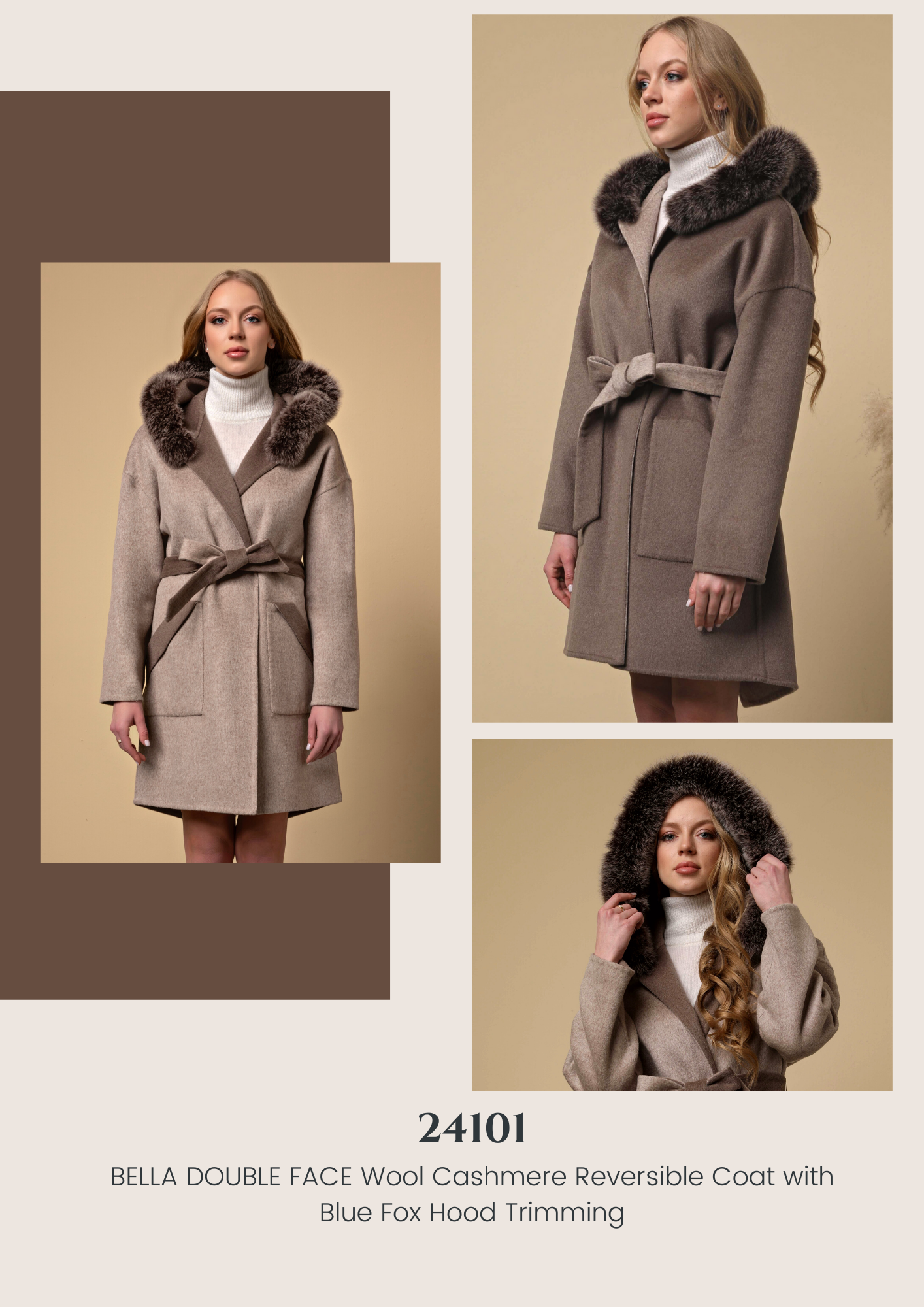 WOMEN'S  REVERSIBLE CASHMERE COAT WITH SILVER FOX HOODED