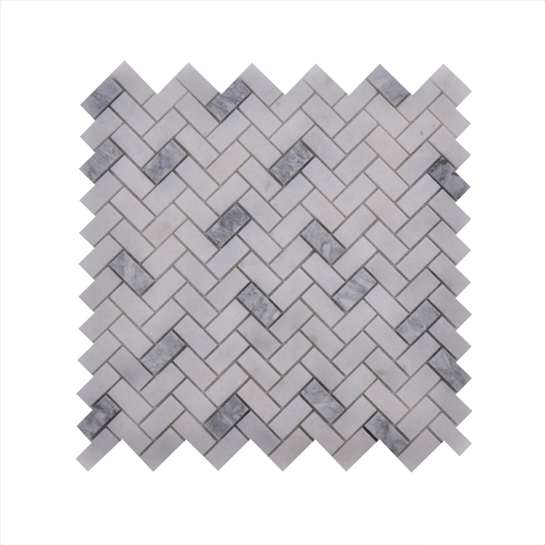 Herringbone Silver and Mugla White Honed Marble Mosaic Tile 105700041