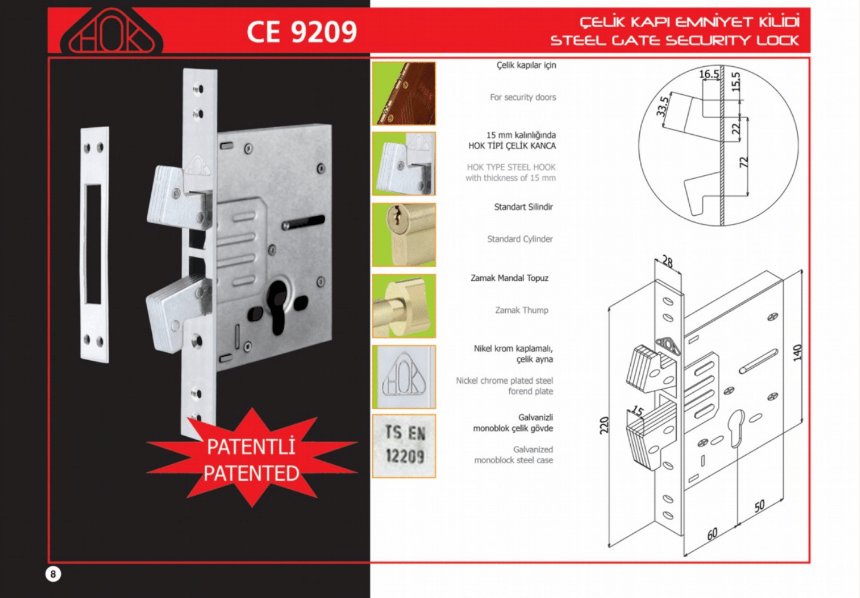 CE-9209 Steel Door Safety Lock With Hok Type Hook