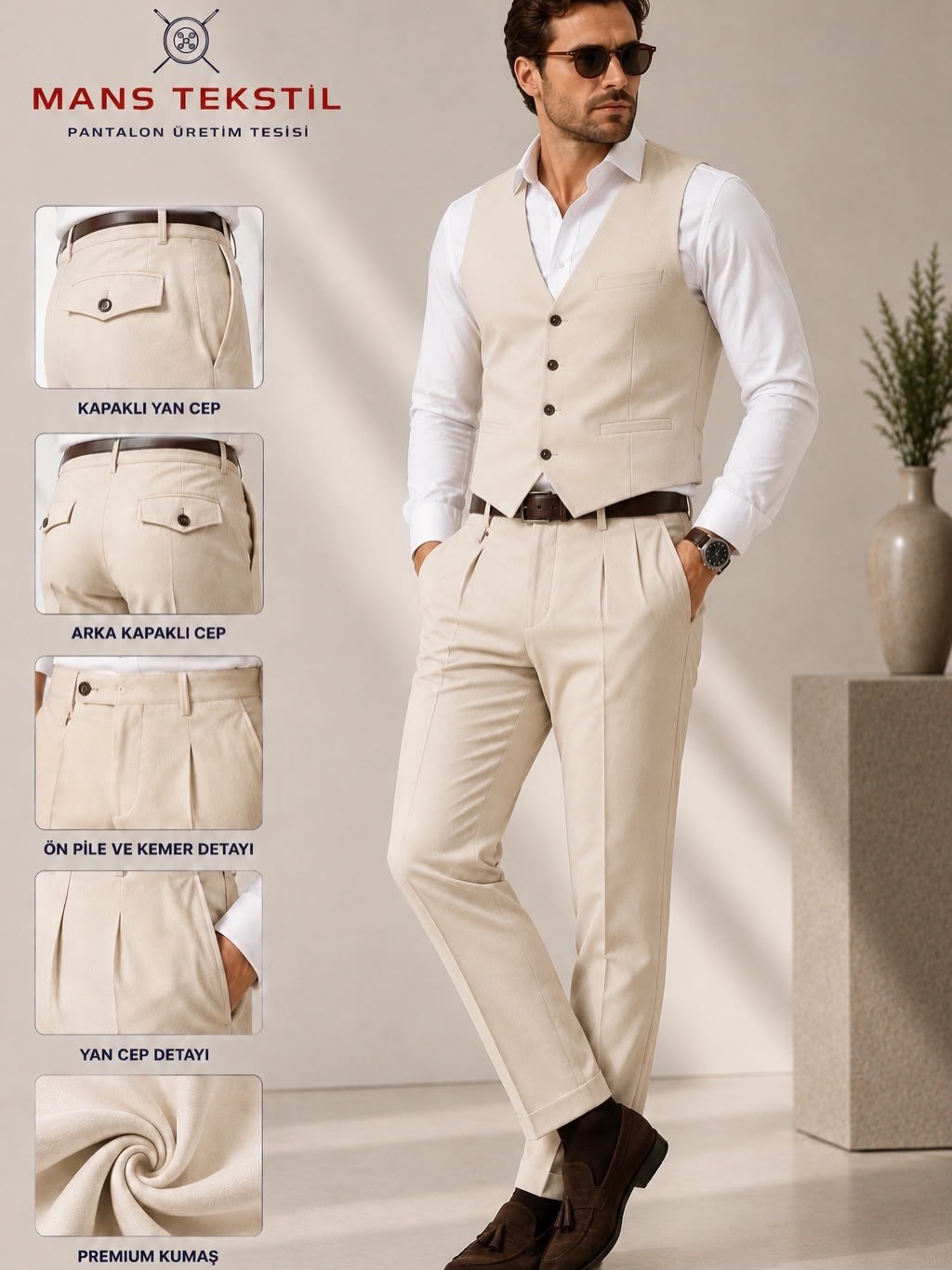 Beige Trousers Shirt Vest Jacket Coat