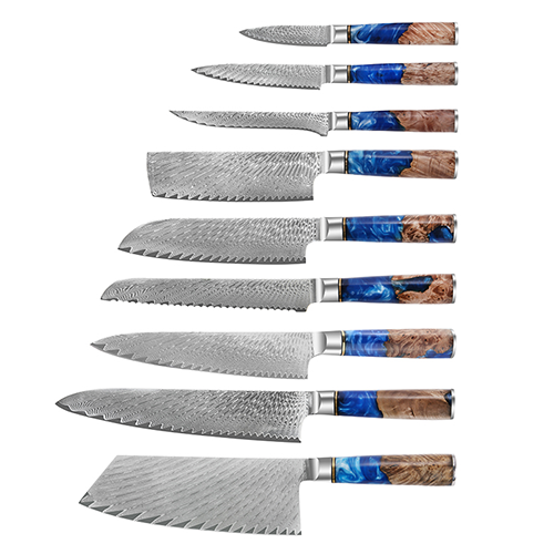 9 piece Damascus Kitchen Knife Set with Resin & Natural Wood Handle