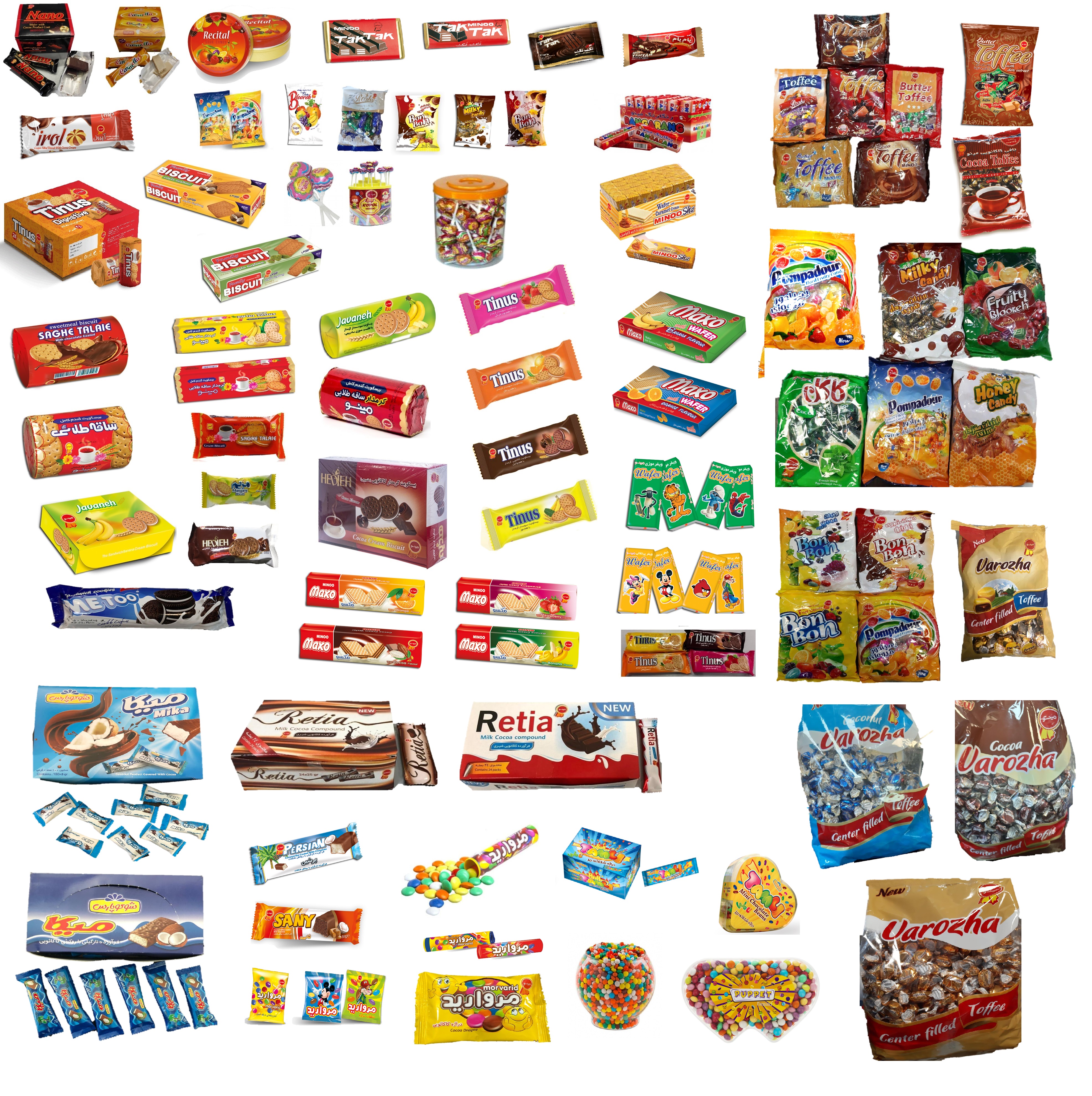 biscuits, cream biscuits, chocolates, toffees, candies, wafers