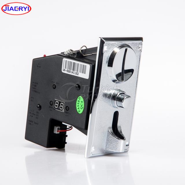 Metal panel coin acceptor with coin